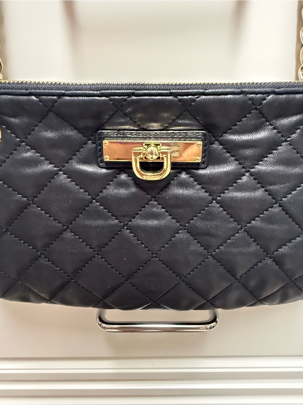 DKNY Black Quilted Chain Crossbody Bag with Gold Hardware